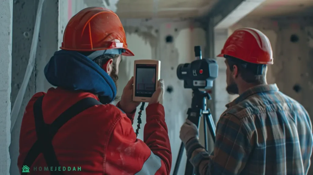 Workers repairing a significant water leak in a large building, using specialized sealing materials and tools, surrounded by advanced detection equipment.