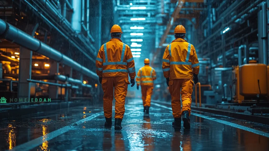 Workers repairing a significant water leak in a large building, using specialized sealing materials and tools, surrounded by advanced detection equipment.