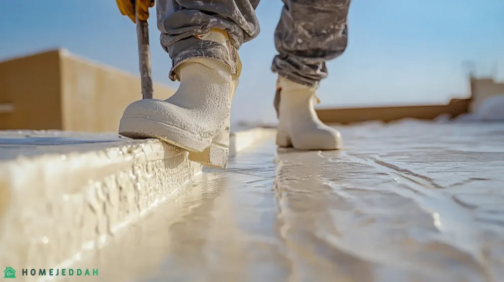 step-by-step process of professionals applying modern insulation materials on a rooftop in Mecca. Phases include inspection, crack repair, and polyurethane insulation