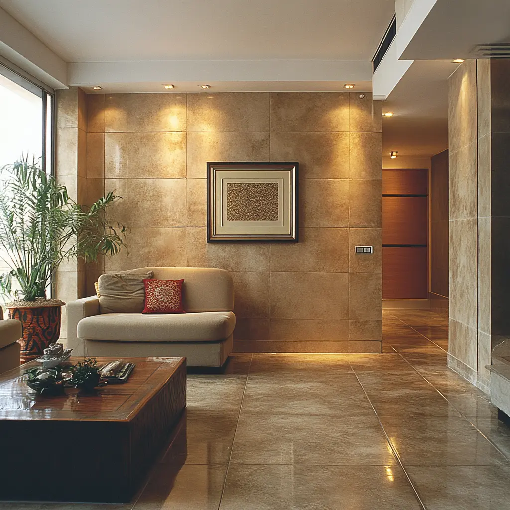 صورة لغرفة معيشة سعودية بها بلاط بيج متضرر بسبب تسرب المياه، مع ظهور علامات الرطوبة والعفن حول الحواف، وشخص يفحص الأرضية بمصباح يدوي.