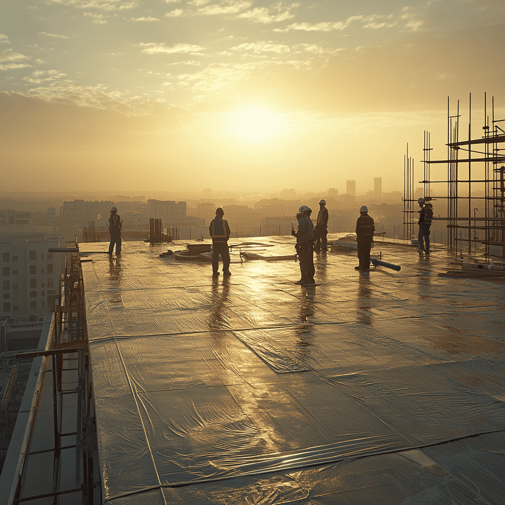 عملية عزل الأسطح في جدة لحماية المباني من الحرارة وتسرب المياه، تطبيق مواد العزل الحراري والمائي بواسطة فريق متخصص لضمان جودة العزل.