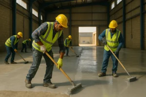 عمال يقومون بتطبيق العزل الأسمنتي على أرضية خرسانية داخل مستودع صناعي – حماية من الرطوبة ومواد كيميائية.