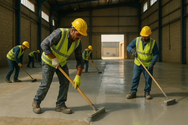 عمال يقومون بتطبيق العزل الأسمنتي على أرضية خرسانية داخل مستودع صناعي – حماية من الرطوبة ومواد كيميائية.