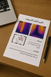 تقرير كشف تسربات يحتوي على صور حرارية ملوّنة وبيانات فنية دقيقة.