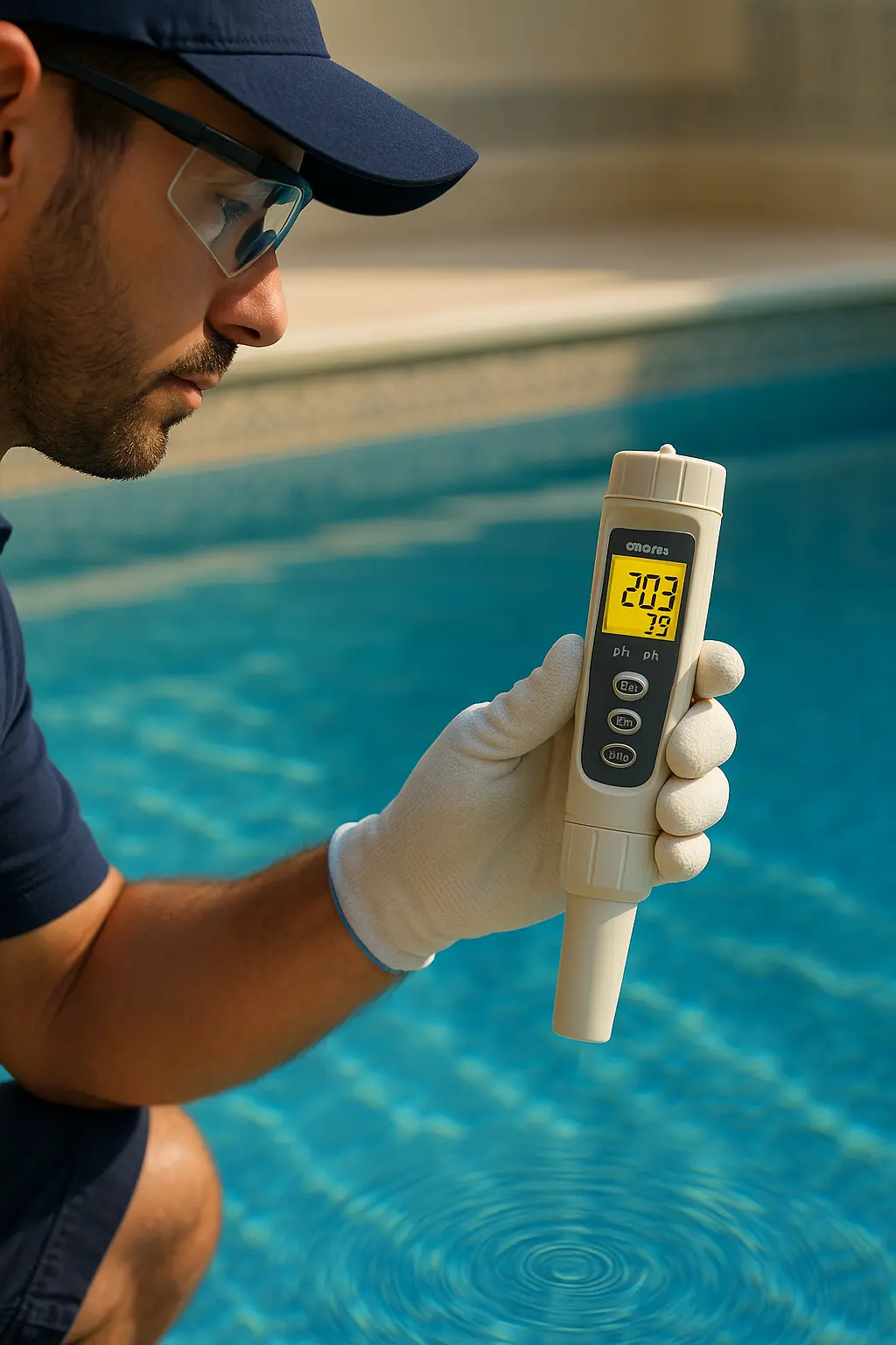 Close-up shot of a pool specialist in protective gear holding a digital 