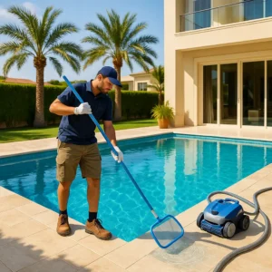 مشهد فوتوغرافي واقعي لفنّي صيانة مسابح معتمد ينظّف مسبح في فيلا فاخرة بحي الشاطئ في جدة، ماء أزرق بلوري يعكس أشجار نخيل، شمس مشرقة، أدوات احترافية (مكنسة روبوتية وشبك سطح)، ألوان زاهية، تفاصيل 4K، تركيز حاد، أسلوب تصوير مجلات عقارية راقية