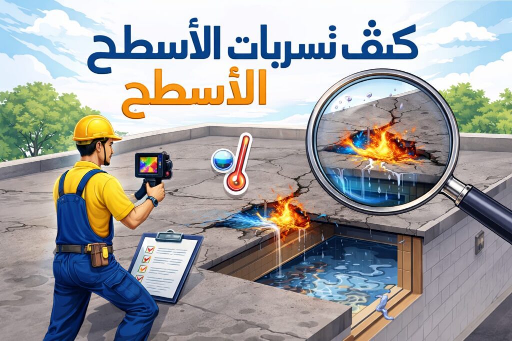 كشف تسربات الأسطح باستخدام كاميرا حرارية على سطح خرساني مسطح مع ظهور تشققات وتسرب المياه داخل المبنى