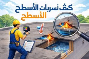 كشف تسربات الأسطح باستخدام كاميرا حرارية على سطح خرساني مسطح مع ظهور تشققات وتسرب المياه داخل المبنى