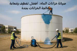 خزان مياه أرضي خرساني كبير يقوم داخله فريق عمل متخصص بعزل الجدران بمادة الإيبوكسي الأزرق مع تنفيذ أعمال تنظيف وصيانة خزانات المياه في مكة